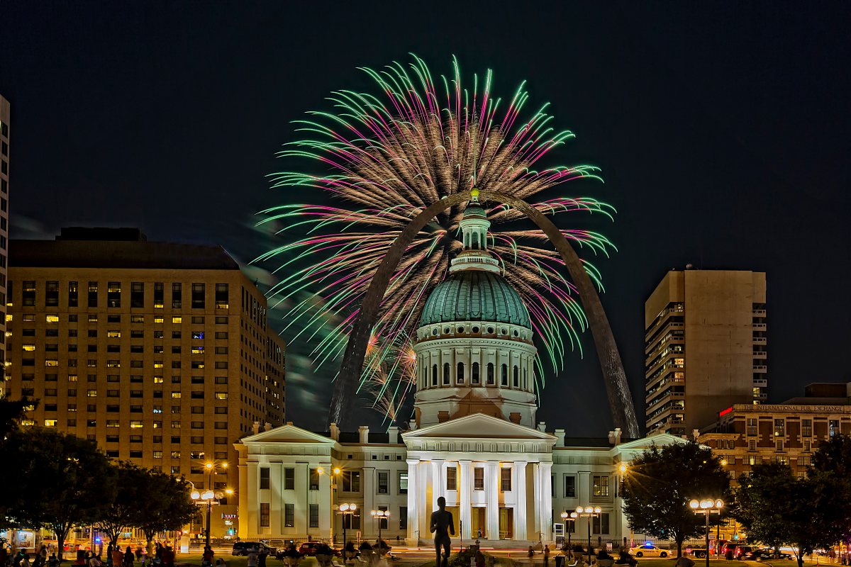 Fireworks over the Gateway Arch highlighting how to sell fireworks in Missouri
