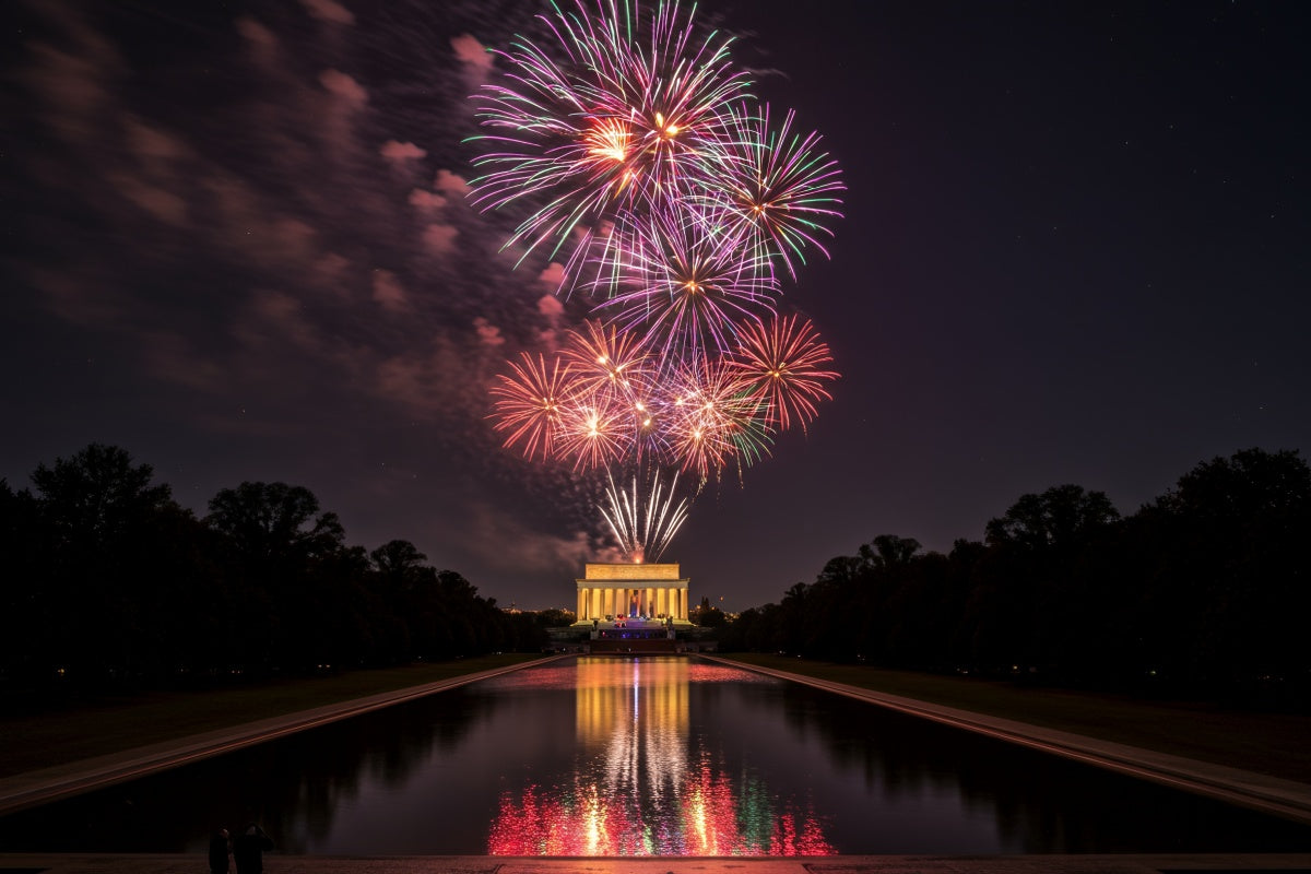 Lincoln Memorial lit up by a bright fireworks display from a professional fireworks supply.