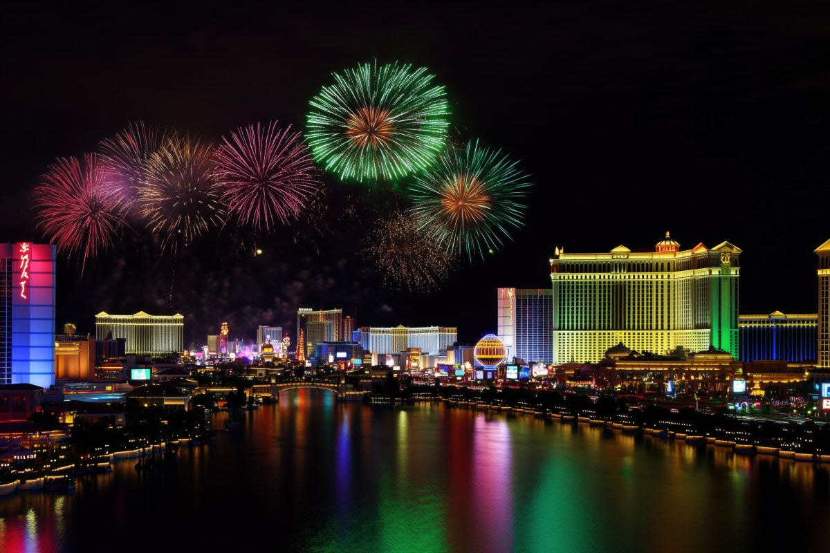 Massive fireworks display over a city and lake, using fireworks from the best fireworks brands.