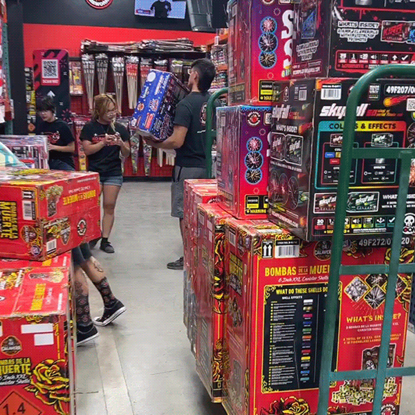 Animated display of fireworks store items for online shopping