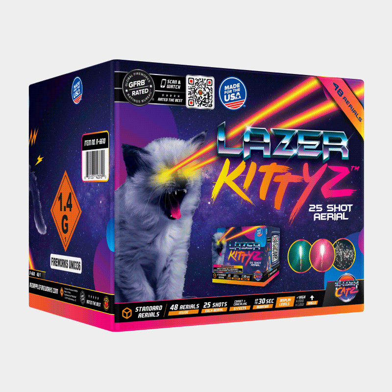 Lazer Kittyz™ 25-Shots Plastic Frame Standard Aerial Cakes (Up to 200 Grams)