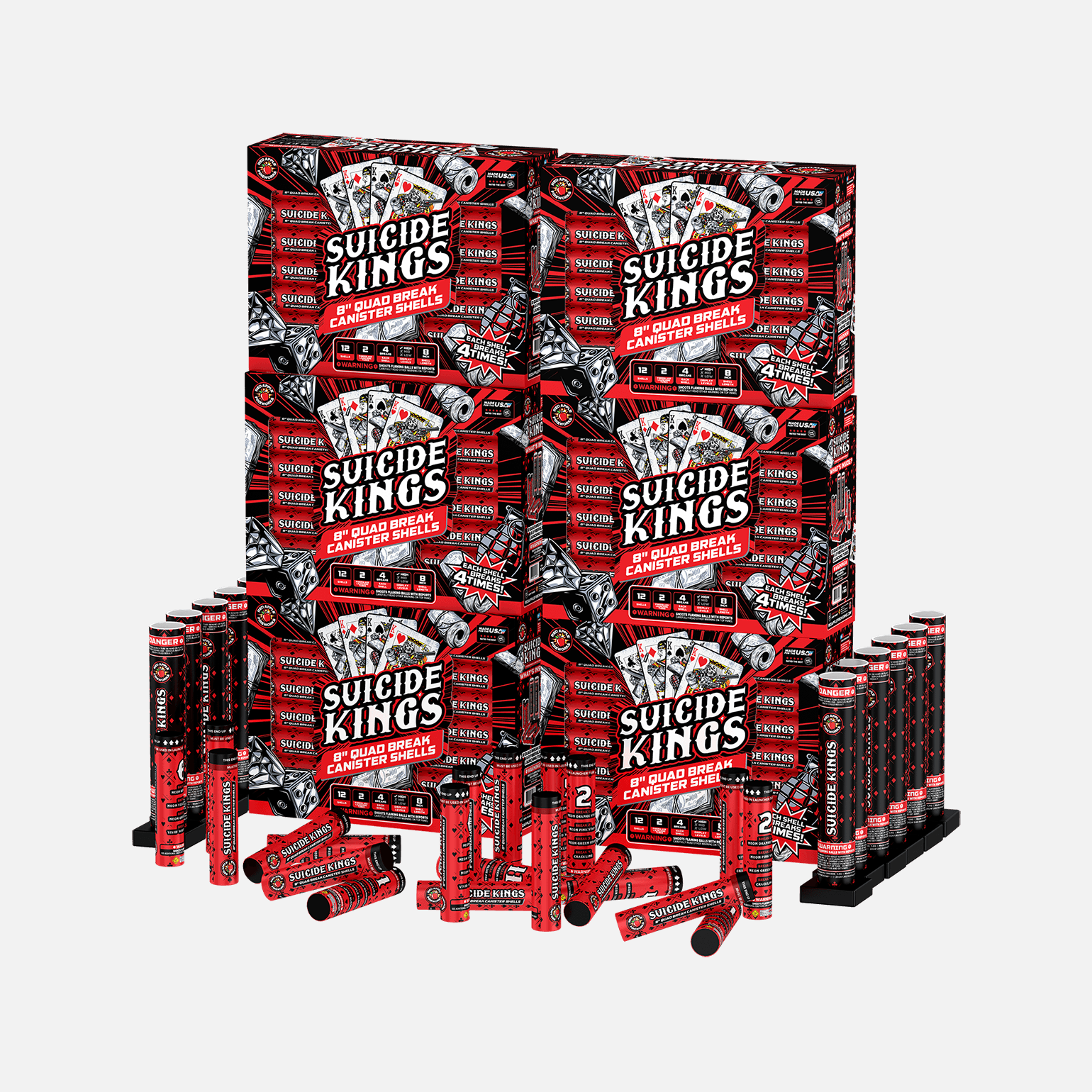 Suicide Kings™ 12 Shot 8 Inch Quad Break Canister Shells Canister Shell Kits