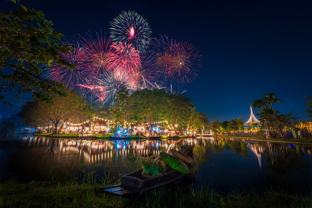 Large fireworks display above a waterfront park, raising curiosity about why are fireworks so loud