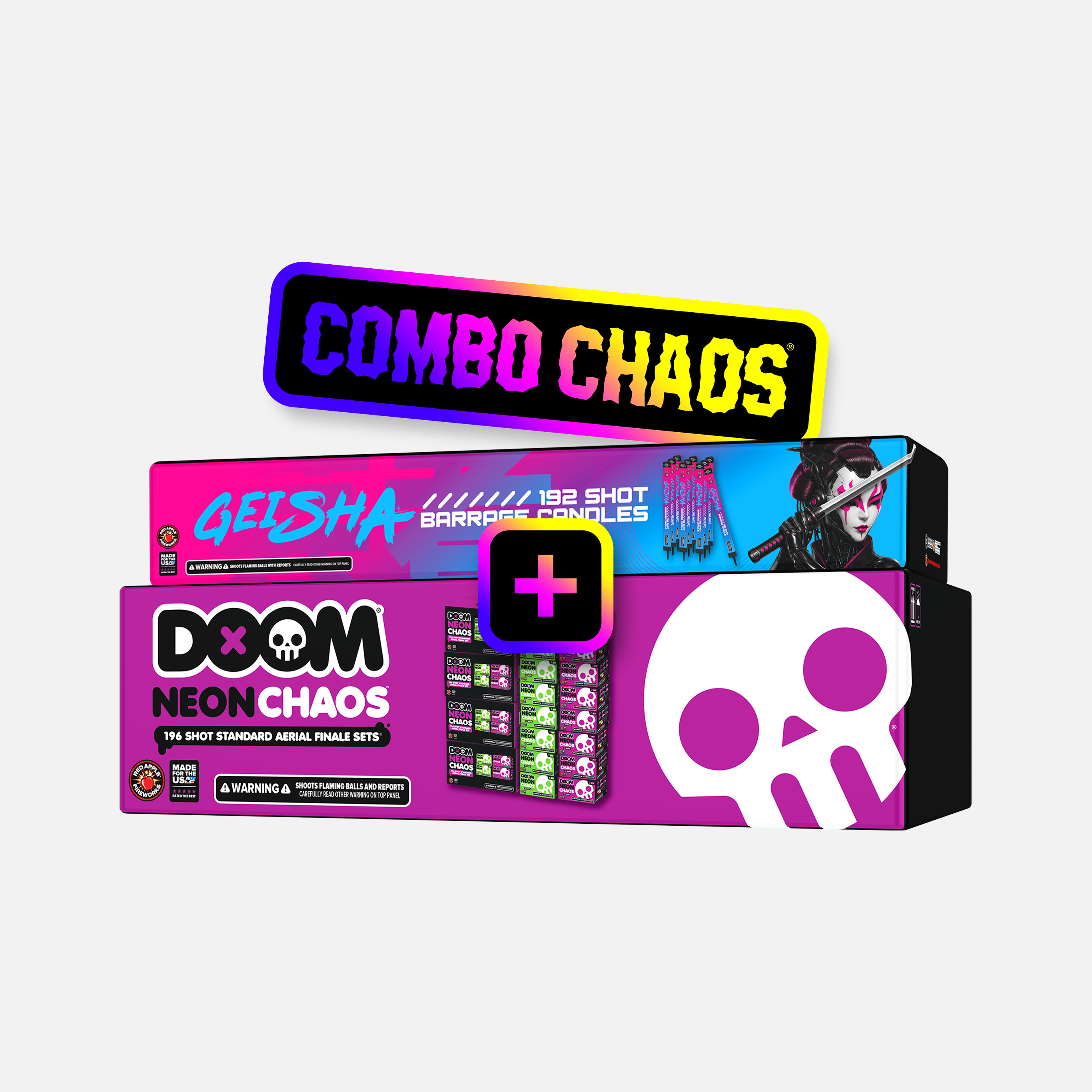Geisha® 192 Shot Barrage Candles + DOOM® Neon Chaos™ 196 Shots Standard Aerial Finale Sets®