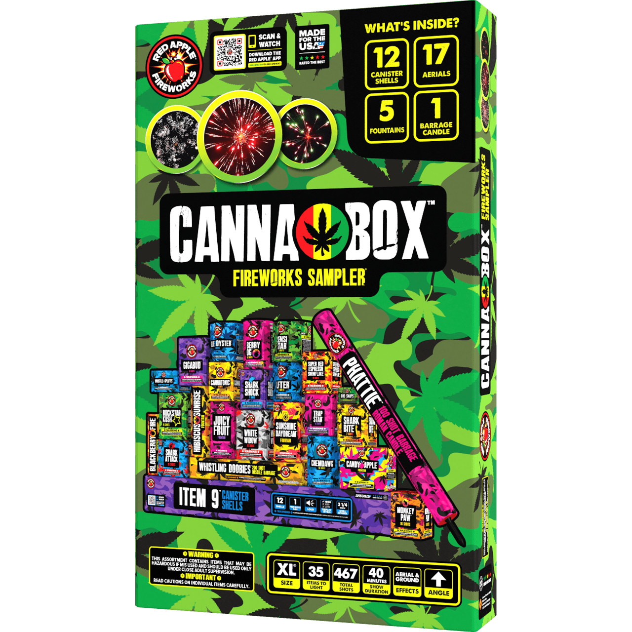 Canna™-Box 467 Shot Fireworks Sampler® packaging showcasing vibrant firework designs