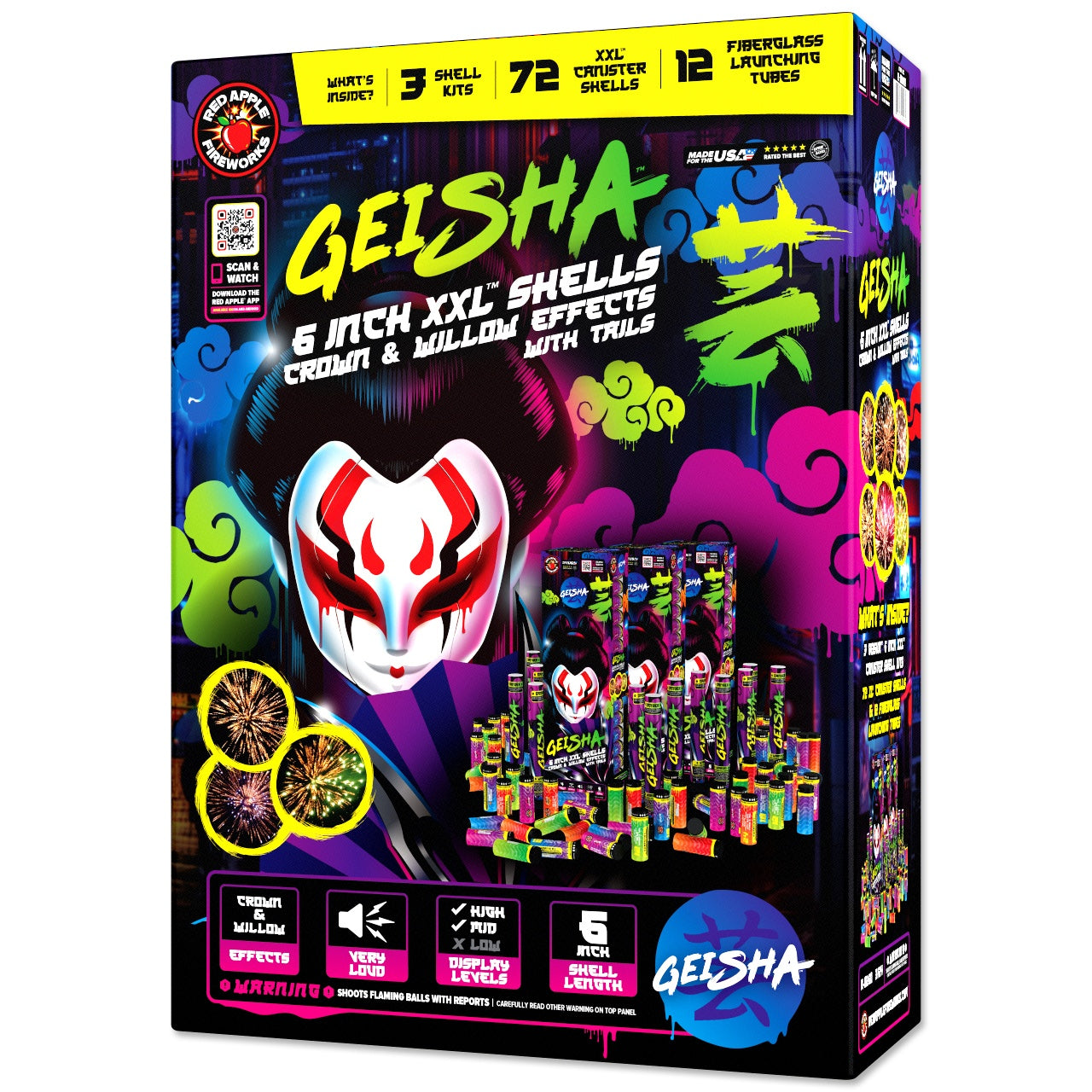 Geisha 24 Shot 6-Inch XXL Canister Shells with vibrant colors