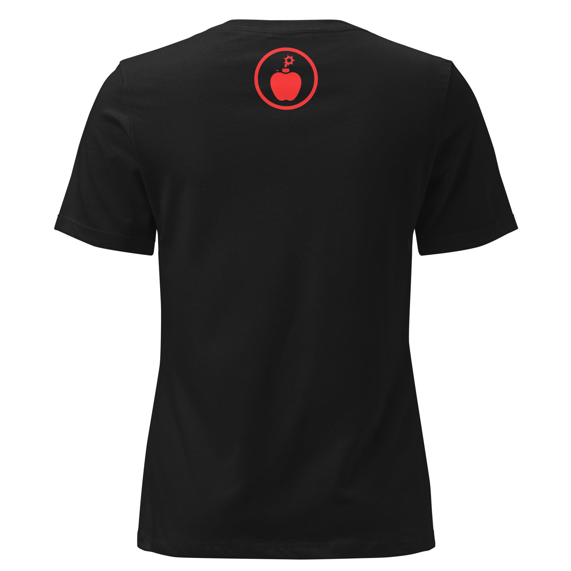 Banshee™ Women's Relaxed T-Shirt featuring a black fabric with a red apple logo on the back.