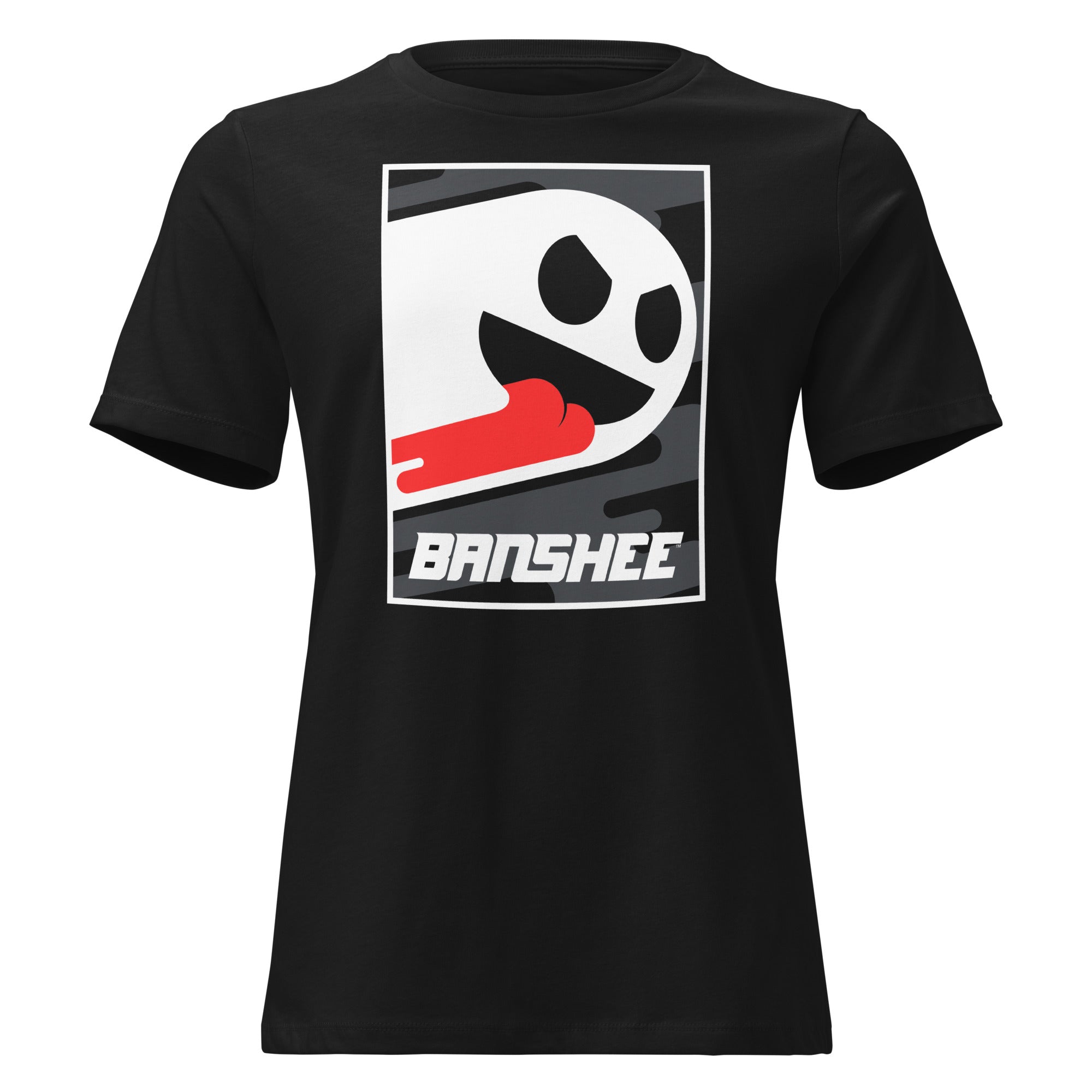Banshee™ Women's Relaxed T-Shirt featuring a playful ghost graphic on a black background.